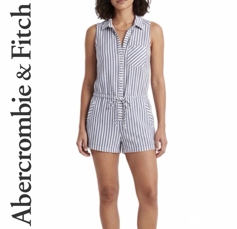 Abercrombie & Fitch Blue White Striped Romper XS Shorts Tie Waist